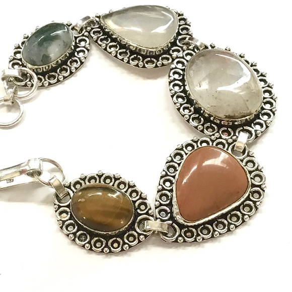 Five BIG Gemstones Bracelet Moss Agate Sandstone Quartz Tiger’s Eye 8” Boho - Picture 2 of 11